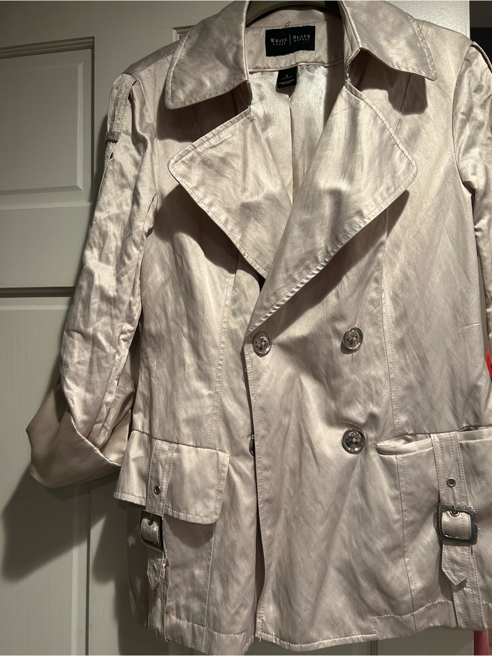 White House Black Market Satin Trench Coat in Light Pearl